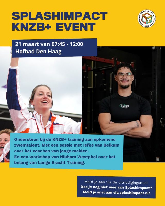 KNZB+ Event | 21 maart 🏊

Op zaterdag 21 maart organiseren Splashimpact en de KNZB een inspirerende MDT-bijeenkomst in Het Hofbad in Den Haag.

🔹 Draai actief mee tijdens een KNZB+ training met Harm Rozenga & Pim van de Hedel
🔹 Voormalig topwaterpoloster Iefke van Belkum (Goud, Bejing 2008) vertelt over het coachen van jonge meiden
🔹 Nikhom Westphal (S&C Coach Blue Marlins) geeft een workshop over het belang van Lange Kracht Training binnen sportontwikkeling.

Een ochtend vol praktijk, verdieping en inspiratie voor jouw ontwikkeling als (toekomstig) trainer.

📍 Hofbad, Den Haag
🕣 07:45 – 12:00
✅ Deelname is gratis
👉 Meld je aan via de link in de uitnodigingsmail

Ben jij er ook bij?!

@knzbned  @mdt_nl  #SplashImpact #MDT #Zwemcoaching #TrainerSkills #Talentontwikkeling #KNZB #JongerenImpact #zwemcentrumrotterdam
