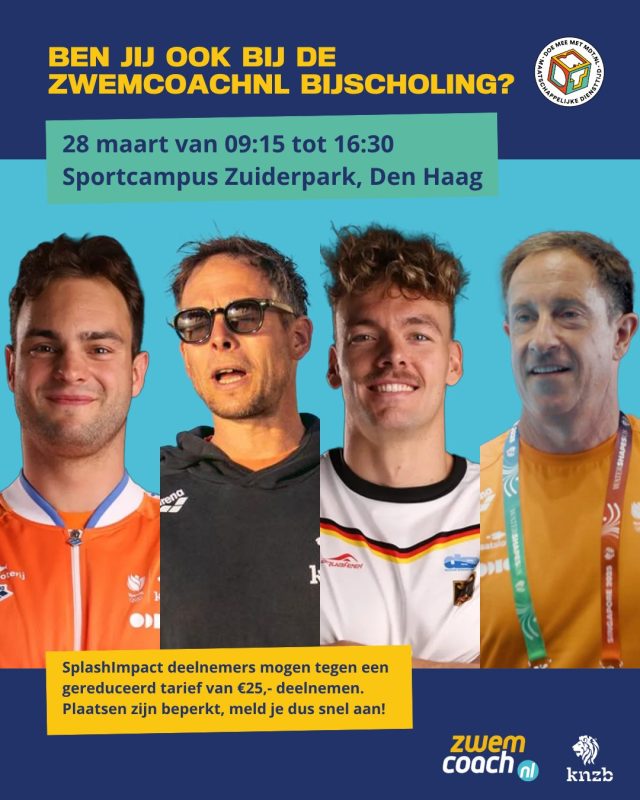 Wil jij jezelf ontwikkelen binnen de sport en leren van topsporters en coaches?

Op 28 maart kun je als Splashimpact-deelnemer deelnemen aan de Voorjaarsbijscholing van @zwemcoachnl op Sportcampus Zuiderpark in Den Haag.

Met o.a.:
Nyls Korstanje – vlinderslagtechniek
Rienk Koeneman – landtraining (actieve sessie)
Josha Salchow – ontwikkelingen in de borstcrawl
Peter Bishop – teamcultuur

Tarief speciaal voor deelnemers van  SplashImpact: €25 (inclusief lunch)
📍 Sportcampus Zuidrpark, Den Haag
⏰ 09:15 – 16:30

Een praktische en leerzame dag die je direct helpt in je rol als sporter, trainer of vrijwilliger.

👉 Aanmelden via de link in bio

#splashimpact #bijscholing #zwemmen #coaching #teamontwikkeling #mdt  @knzbned @zwemcoachnl  @mdt_nl