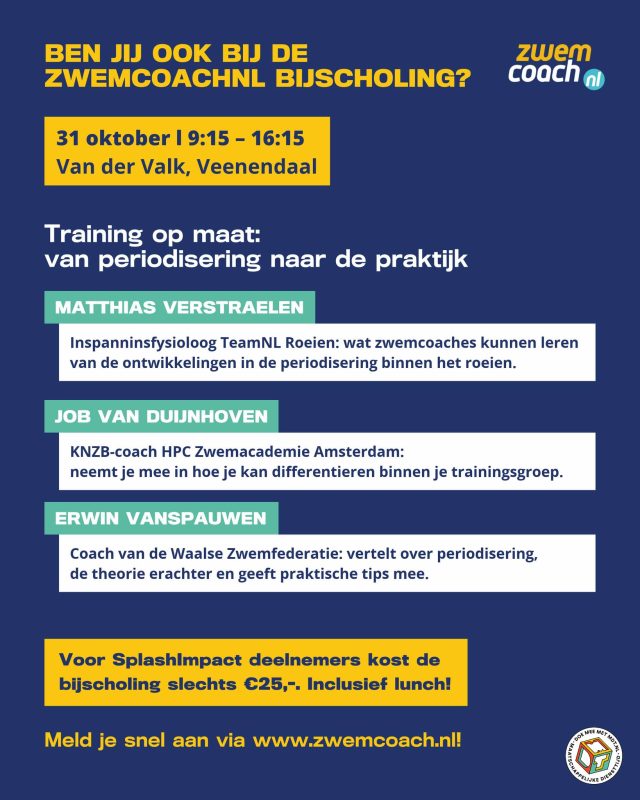 Zin in een dag vol nieuwe kennis en inspiratie? 💪

Op 31 oktober organiseert @zwemcoachnl een bijscholingsdag in Veenendaal over training op maat: van periodisering naar de praktijk. Als SplashImpact-deelnemer doe je mee voor maar €25,-, inclusief lunch.

Dit zijn de sprekers:

- Matthias Verstraelen, inspanningsfysioloog bij TeamNL roeien, over periodisering en wat zwemcoaches daarvan kunnen leren

- Job van Duijnhoven, KNZB-coach bij de HPC Zwemacademie Amsterdam, over differentiëren binnen je groep

- Erwin Vanspauwen, coach van de Waalse Zwemfederatie, over periodisering, de fysiologie erachter en praktische tips

Je krijgt er ook nog 2 punten voor je KNZB trainerslicentie bij.

Alle info en aanmelden doe je via www.zwemcoach.nl/ (link in bio)

Zien we jou in Veenendaal? 🌊

#SplashImpact #MDT #zwemcoachNL #Bijscholing #Zwemmen #Coaching #Trainerontwikkeling #DoeMeeMetMDT @knzbned @mdt_nl