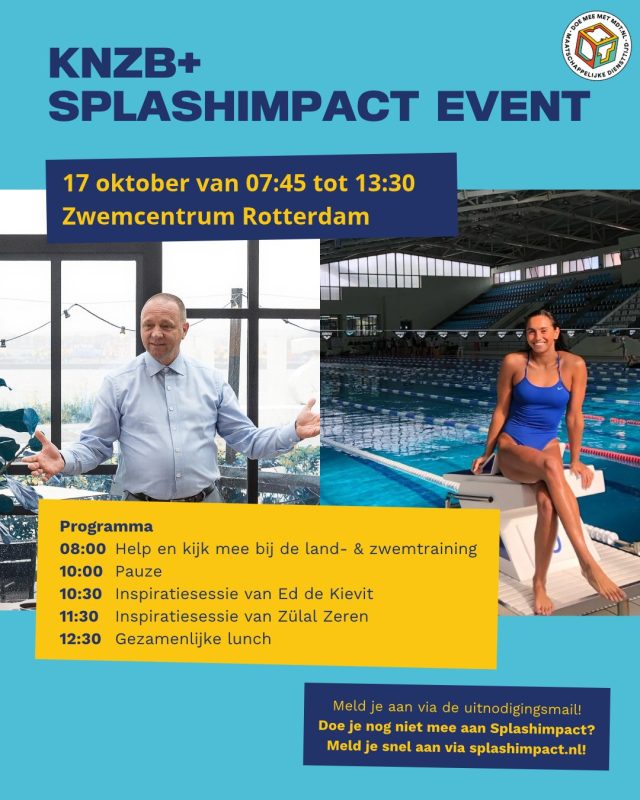 Klaar voor een ochtend vol actie, coaching en nieuwe kennis? 🔥

Op zaterdag 17 oktober ben jij erbij tijdens het KNZB+ SplashImpact Event in Zwemcentrum Rotterdam! Je helpt mee bij de land- en zwemtraining van toekomstige topzwemmers, stelt je vragen aan de trainers en doet gelijk praktijkervaring op.

Daarna duik je in twee inspiratiesessies. Ed de Kievit vertelt hoe je omgaat met ouderlijke druk in de topsport, en Zülal Zeren neemt je mee in wat een goede zwemmer een atleet maakt (in het Engels).

Zo groei je als trainer en maak je het verschil aan de badrand!

📍 Zwemcentrum Rotterdam 
🗓️ Zaterdag 17 oktober, 07:45 – 13:30

Meld je aan via het formulier in de mail. Je begeleider is ook van harte welkom!

Zien we jou op 17 oktober?

#SplashImpact #MDT #KNZBplus #Zwemcoaching #Trainerontwikkeling #Zwemmen #JongerenImpact @knzbned  @mdt_nl