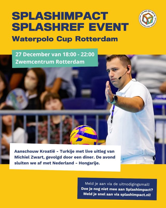 Exclusieve Waterpolo Experience! 🔥
Als deelnemer van SplashRef krijg jij een backstage toegang tot de Waterpolo Cup in Rotterdam!

🏆 Internationale wedstrijd met live uitleg via oortjes van Michiel Zwart
🍽️ Gratis diner
🎟️ Gratis toegang tot de finale!

Dit wil je niet missen, meld je snel aan via de uitnodigingsmail!

#SplashImpact #MDT #WaterpoloCup #TeamNL #KNZB #BackstageExperience #Scheidsrechter #Rotterdam @knzbned @mdt_nl